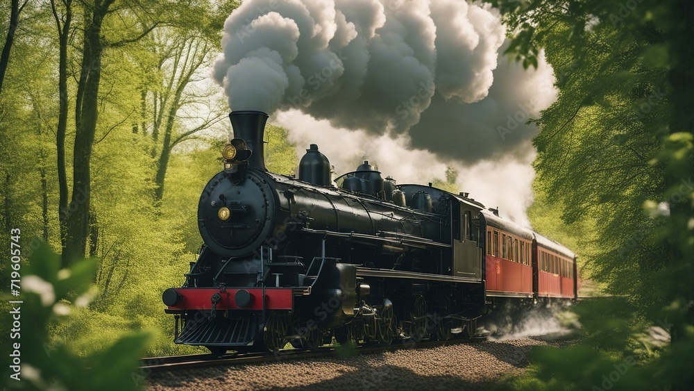 Fototapeta premium steam train in the forest A steam train engine on a sunny day in the spring. The train is a classic and elegant model, 