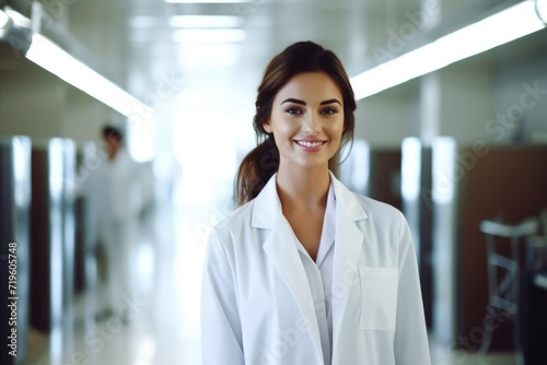 portrait of a cute European doctors girl, long brown hair, a woman in a hospital gown, smiling nurse, hospital corridor, national doctors Day, world Nurses Day