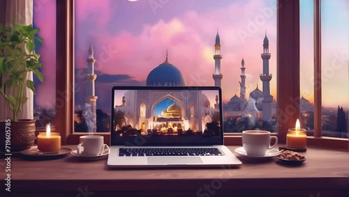 cup of coffee and laptop by the living room window and a beautiful view of the mosque with ramadan background. Seamless looping 4k time-lapse virtual video animation background See Less
 photo