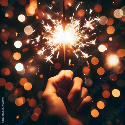 Woman hand holding a burning sparkler. Christmas and new year sparkler holiday background. Play Fireworks New Year's Eve. diwali . sparklers hand. diwali sparklers.