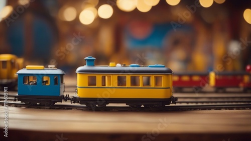 train in the night A toy train that runs on a circular track on a wooden floor. The train is blue and yellow, 