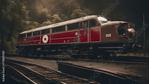 train in the countryside  A vintage train with a retro style emblem on its front. The train is black and red,  