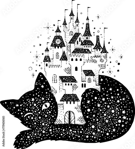Sketch tattoo of cat silhouette and outline medieval castle. Cute black pet lying around vintage house with towers. Fairy tale fantasy poster with kitty, ancient palace. Vector hand drawn illustration