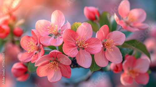 Close up selective focus pink flowers of blooming apple tree in spring against blue sky on a Sunny day close-up macro in nature outdoors. 