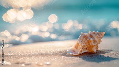Golden Hour Conch on Sandy Beach with Copyspace photo