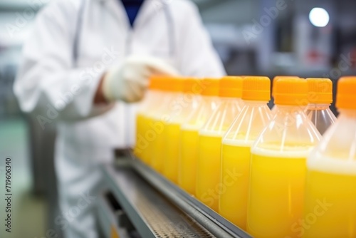 Labor worker working in drink factory production line fruit juice beverage product at conveyor