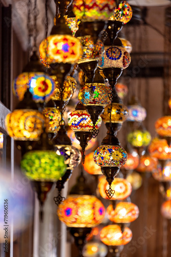 Variety of traditional vintage lanterns with an ornament lit up