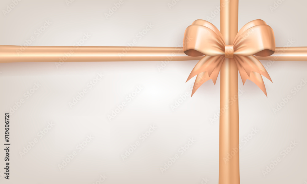 Template of holiday wallpaper with realistic 3d beige bow knot with crossed ribbons on white background. Banner with crisscross tied bow with silk tape as gift box wrapping element or present decor Template of holiday wallpaper with realistic 3d beige bow knot with crossed ribbons on white background. Banner with crisscross tied bow with silk tape as gift box wrapping element or present decor