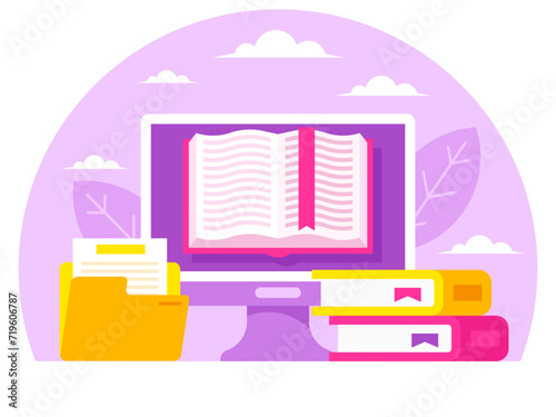 Digital Library concept. Online book application. E-Library. Digital bookstore. Web archive. Vector graphics