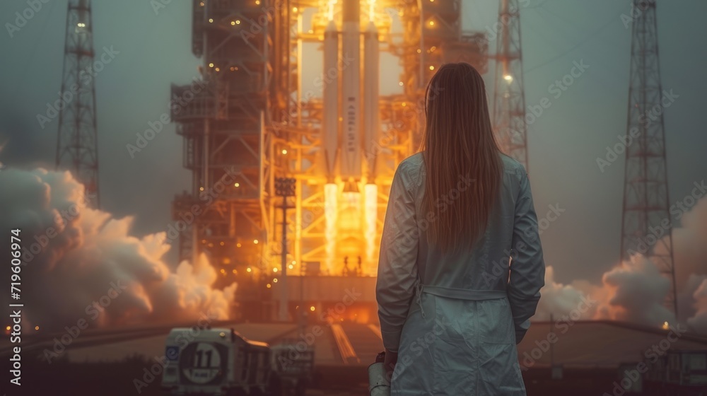 a woman standing in front of a rocket with smoke and smoke pouring out of the back of it and the lights of the space shuttle on the side of the rocket. a woman standing in front of a rocket with smoke and smoke pouring out of the back of it and the lights of the space shuttle on the side of the rocket.