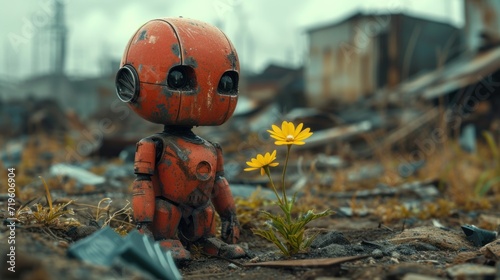  a toy robot sitting on the ground with a flower in it's hand and a building in the background, with a yellow flower in the foreground of the foreground. © Jevjenijs