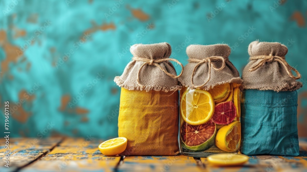  a group of three bags filled with lemons and grapefruits sitting on top of a wooden table next to a slice of lemon and a slice of lemon.
