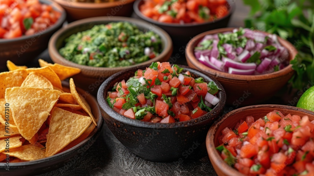 a table topped with bowls filled with salsa and tortilla chips next to a pile of tortilla chips next to a bowl filled with salsa and tortilla chips. a table topped with bowls filled with salsa and tortilla chips next to a pile of tortilla chips next to a bowl filled with salsa and tortilla chips.
