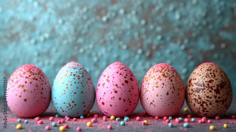 a row of speckled eggs sitting next to each other on a pink and blue surface with sprinkles on the side of the eggs and a blue wall in the background. a row of speckled eggs sitting next to each other on a pink and blue surface with sprinkles on the side of the eggs and a blue wall in the background.
