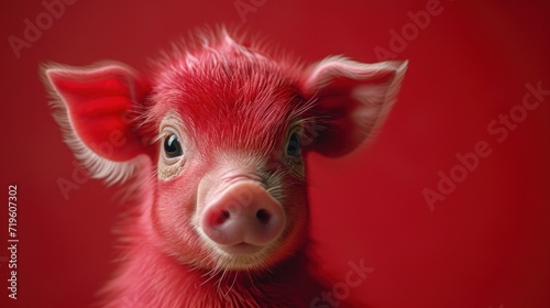  a close up of a pig's face on a red background with a blurry image of the pig's head and ears and the pig's ears.