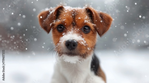  a small brown and white dog with snow on it's face, looking at the camera with a sad look on its face, in the snow covered ground.