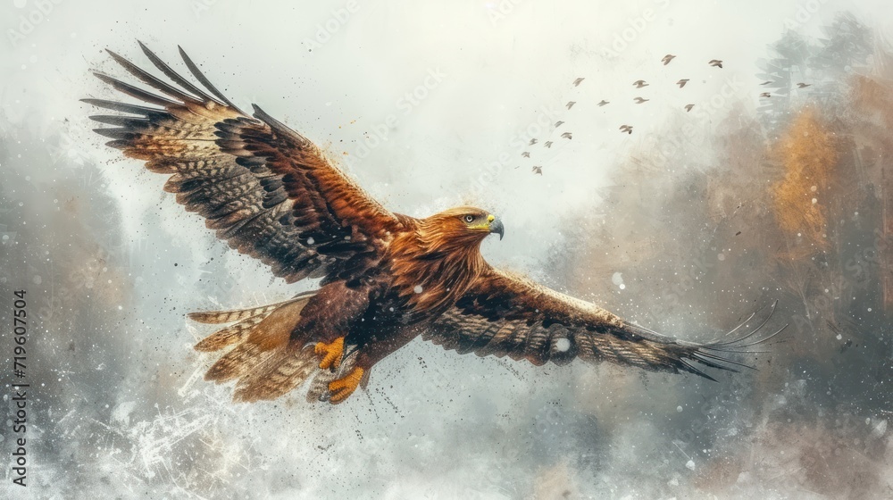  a large bird of prey flying through the air with it's wings spread wide open and it's wings spread wide, with a flock of birds in the background.
