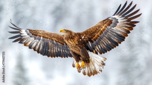  a large brown and white bird flying in the air with it's wings spread open and it's wings spread wide, with snowing on the ground and trees in the background.