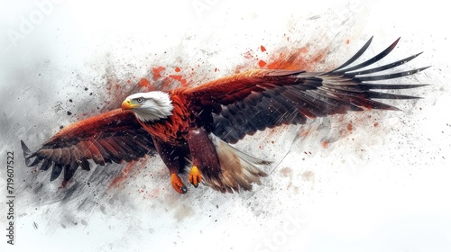  a painting of an eagle flying in the air with its wings spread out and it's wings spread out, with red and white splots on the background.