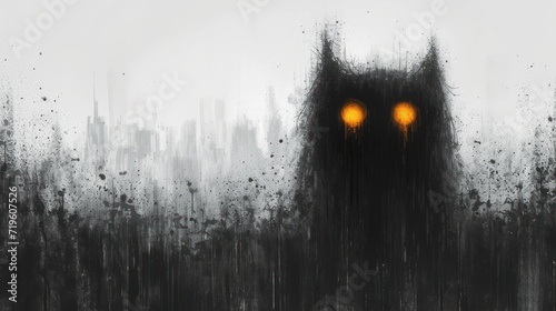  a painting of a black and white city with a yellow light in the middle of the picture and a black cat in the middle of the picture with yellow eyes.