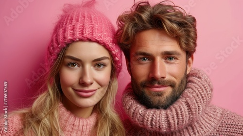  a man and a woman wearing pink sweaters and a pink knitted hat pose for a picture in front of a pink background with one woman's head tilted to the side.
