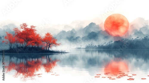  a painting of a lake with a red tree in the foreground and a red moon in the middle of the sky in the middle of the water and a foggy background.