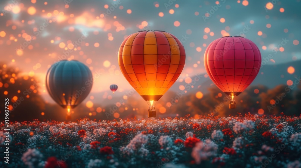  three hot air balloons flying in the sky over a field of red and white flowers in the foreground, with a blurry background of blue sky and clouds.