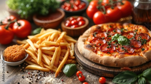  a pizza sitting on top of a wooden cutting board next to a pile of french fries and a pile of tomatoes next to a jar of ketchup and tomatoes.