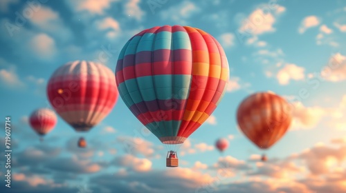  a group of hot air balloons flying through a blue sky with a few clouds in the background and a few clouds in the sky with a few clouds in the foreground.