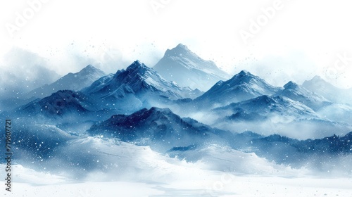  a painting of a snowy mountain range with snow falling off of it's sides and snow falling off the top of it's sides in the foreground. © Jevjenijs