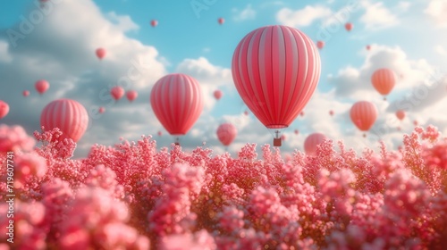  a field full of pink flowers with hot air balloons flying in the sky in the sky in the background is a field of pink flowers with pink flowers in the foreground.