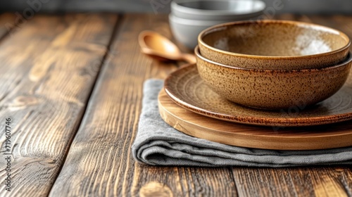  a close up of a wooden table with a plate and a bowl on top of it and a napkin on the other side of the plate and a wooden spoon on the other side of the table.