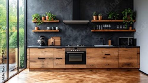  a kitchen with a wooden floor and a black wall and a wooden cabinet with a stove top oven and a microwave and a wooden shelf with potted plants on it.