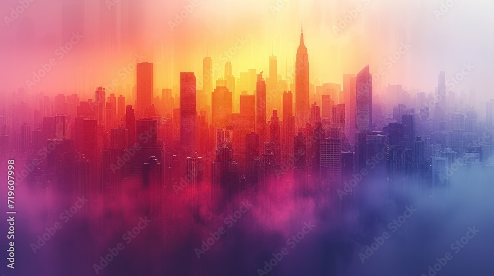  a picture of a city in the sky with buildings in the foreground and a pink and yellow sky in the background with clouds in the middle of the foreground.