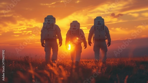  three people in spacesuits standing in a field with the sun setting in the background and the sky in the foreground, with clouds in the foreground.