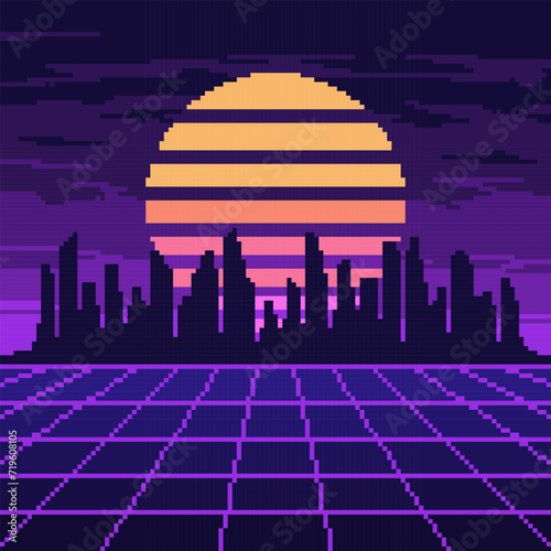 Pixel synthwave purple mesh with night city and sun background. Neon blue vaporwave landscape with grid digital design with dark skyscrapers and striped star in vector sky