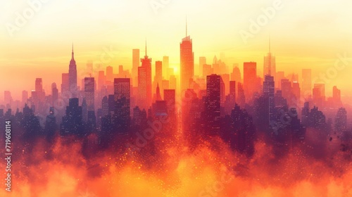  a picture of a city with a lot of tall buildings in the middle of the city with a lot of orange and yellow smoke coming out of the top of the buildings.