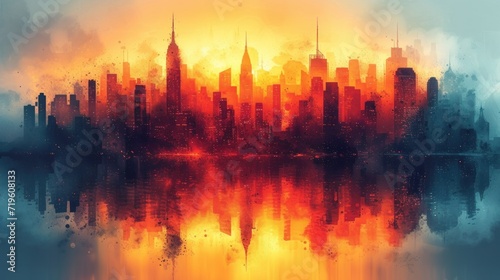  a painting of a cityscape is shown with a reflection of the city on the water in the foreground, and a yellow and orange sky in the background.