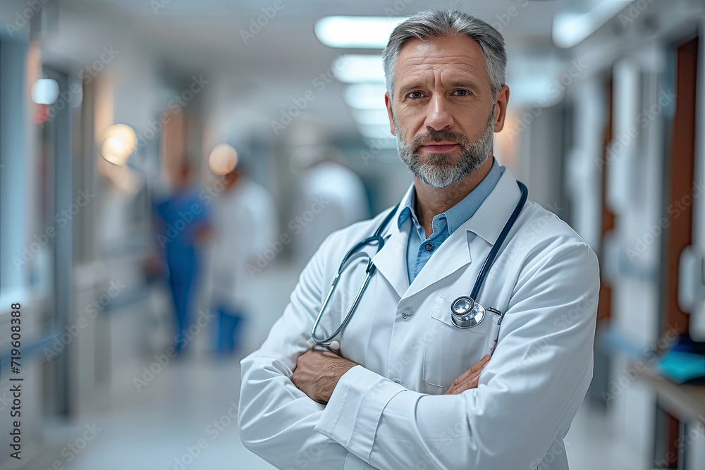 Doctor wearing a white coat and a stethoscope looking into the camera on a hospital background. Doctor wearing a white coat and a stethoscope looking into the camera on a hospital background.