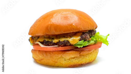 Burger beef cheese classic minimal close up isolated on white. Hamburger freshly baked on white plate, homemade. Grocery product advertising, menu or package.