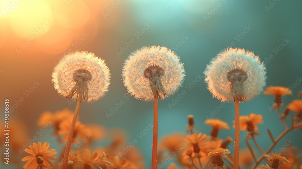 three dandelions blowing in the wind in front of a blurry background of orange and yellow flowers in the foreground, with a blue sky in the background. three dandelions blowing in the wind in front of a blurry background of orange and yellow flowers in the foreground, with a blue sky in the background.
