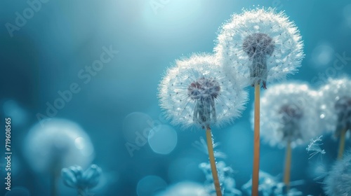  a close up of a bunch of dandelions on a blue background with a blurry image of the dandelions in the foreground and the background.