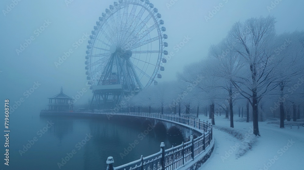  a ferris wheel sitting next to a body of water in a park covered in a blanket of snow next to a park bench and tree lined with benches covered in snow.