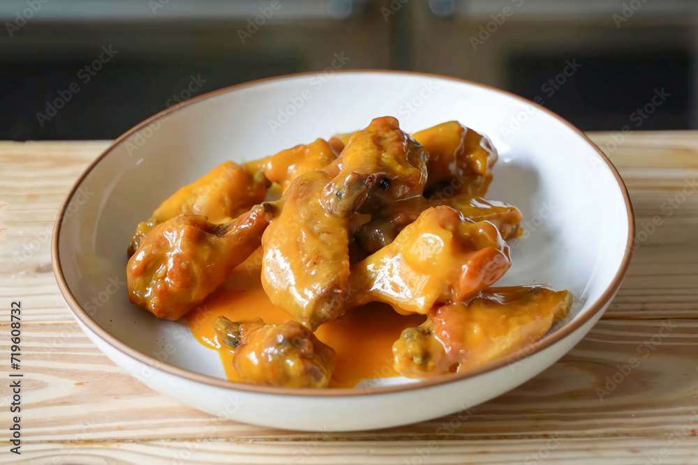 Chicken wings cooking with sauce for barbecue. Fried chicken wings, homemade for restaurant, menu, advert or package, close up. American cuisine. Chicken wings cooking with sauce for barbecue. Fried chicken wings, homemade for restaurant, menu, advert or package, close up. American cuisine.