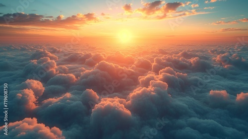  the sun is setting over the clouds in the sky as seen from a very high point of view of the sun setting over the clouds in the middle of the sky. photo