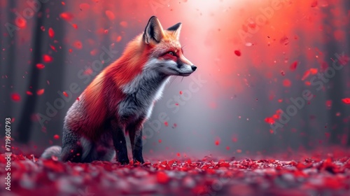  a painting of a red fox sitting in the middle of a forest with red leaves on the ground and a red light shining on the ground in the background of the picture. © Jevjenijs
