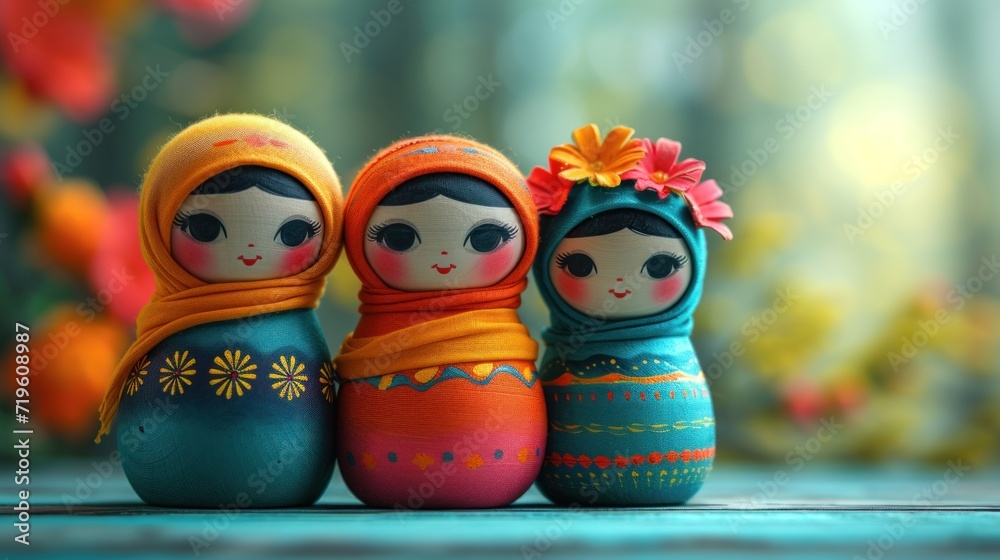  a group of three dolls sitting next to each other on top of a blue surface with colorful flowers on top of the heads of the dolls and the heads of the dolls.