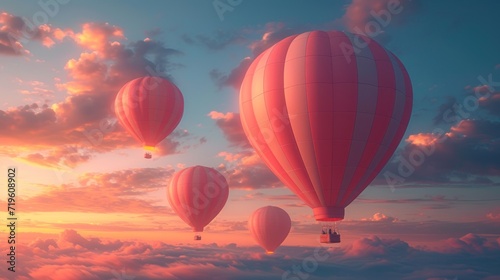  a group of hot air balloons flying in the sky with clouds in the foreground and a setting sun in the middle of the sky, with a few clouds in the foreground.