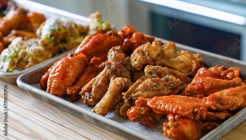 Chicken wings barbecue roasted with honey garlic sauce. Fried chicken wings, homemade, serving food for restaurant, menu, advert or package, close up