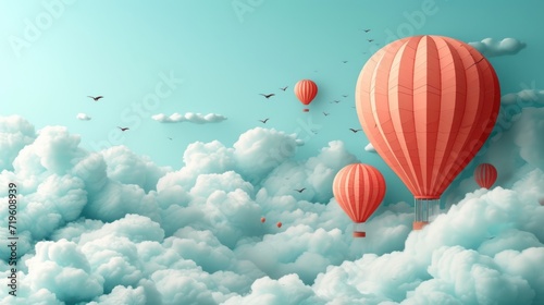  a group of hot air balloons floating in the sky above a cloud filled sky with birds flying in the sky and a flock of birds flying in the sky above.